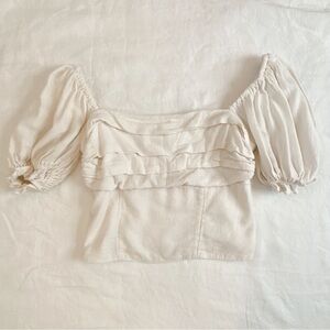Abercrombie & Fitch Cream Linen Blend Smocked Puff Sleeve Top
